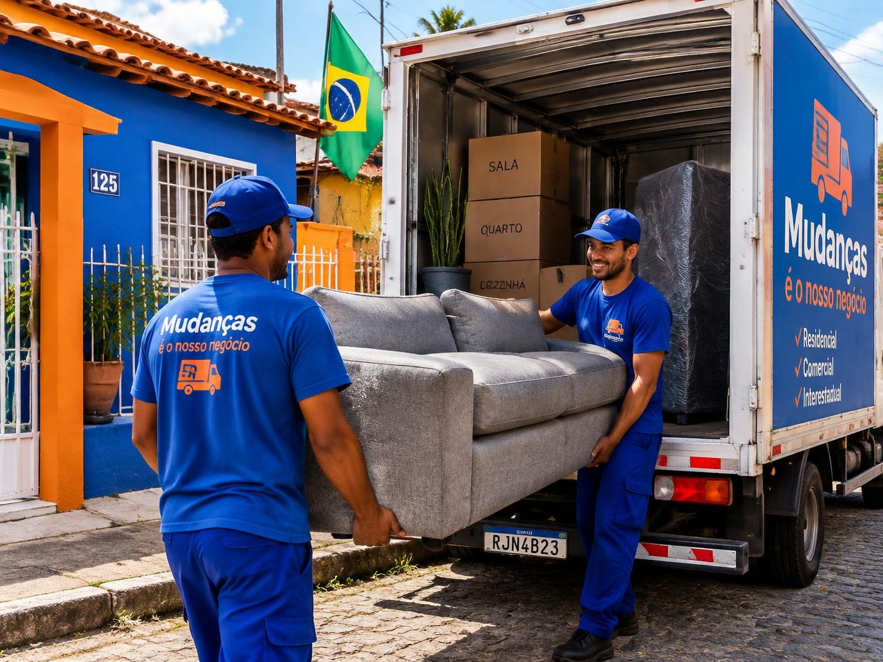 Equipe carregando móveis em um caminhão de mudança