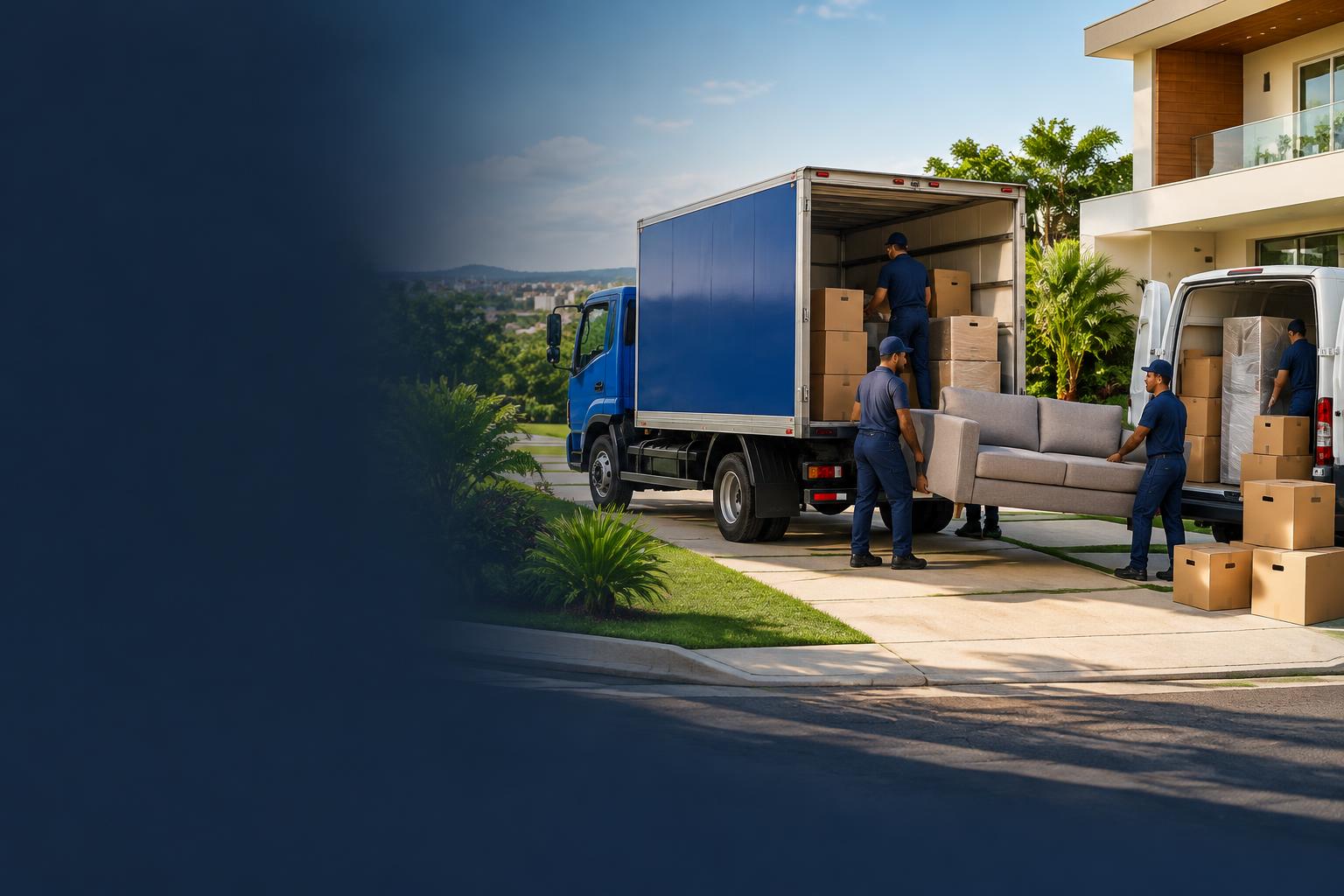 Equipe profissional realizando mudança com caminhão e veículo de carga